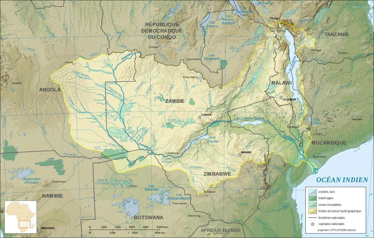 نقشه زامبیا نشان رودخانه ها و دریاچه ها